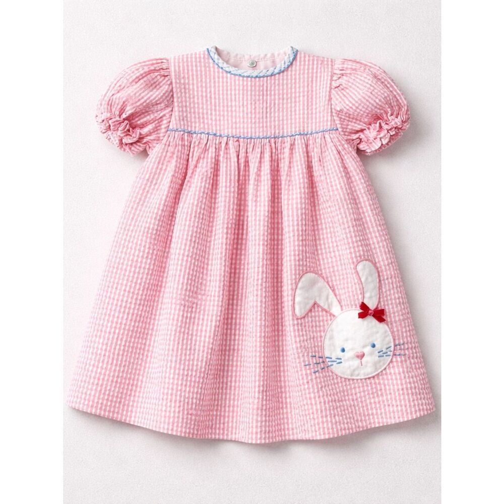 Petit Pomme pink & white stripe sear sucker dress with bunny Appliqué 6 months